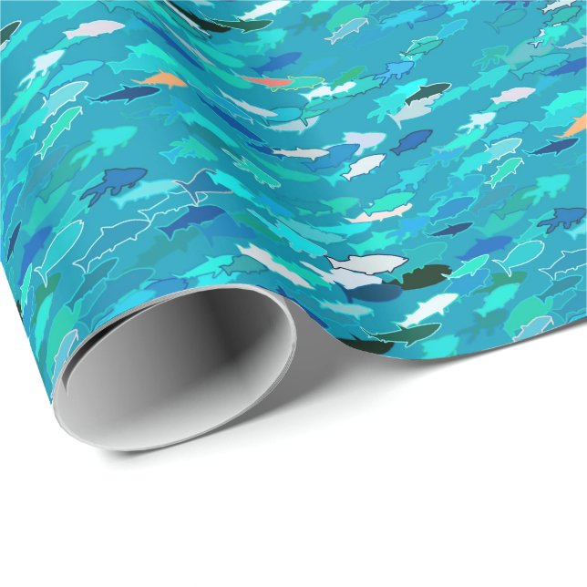 Papier Cadeau École de Poissons, Turquoise, Bleu et Aqua (Coin rond)