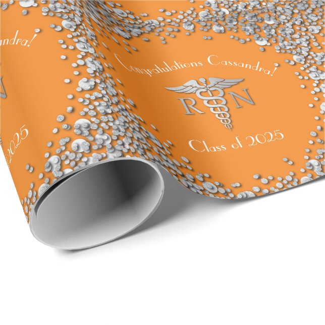 Papier Cadeau École de soins infirmiers Diplôme Orange Argent (Coin rond)