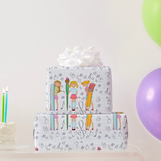 Papier Cadeau Écolières avec papeterie scolaire surdimensionnée (Créateur téléchargé)