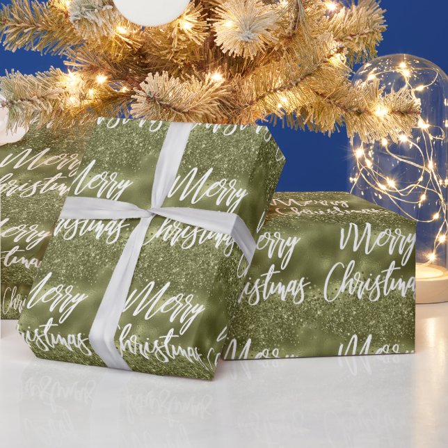 Papier Cadeau Écriture Joyeux Noël Paillettes de Feuille de Vert (Vacances)