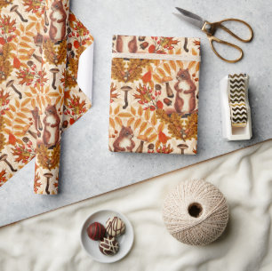 Papier Cadeau Écureuil d'automne sur blanc