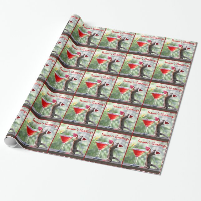 Papier Cadeau Écureuil de Noël buvant un cocktail (Déroulé)