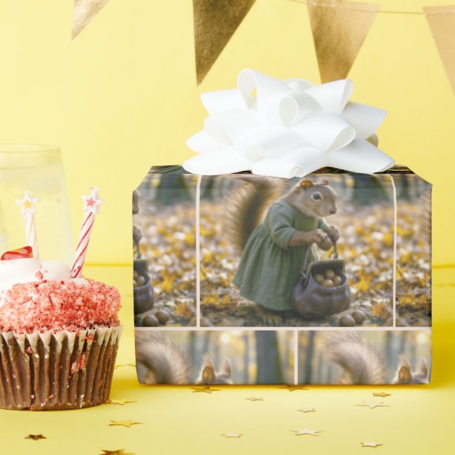 Papier Cadeau Écureuil Rassemble Des Noix Dans Son Porte (Fête d'anniversaire)