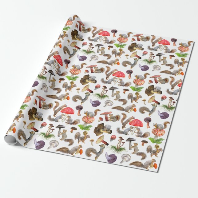 Papier Cadeau Écureuils aux champignons enveloppant du papier (Déroulé)