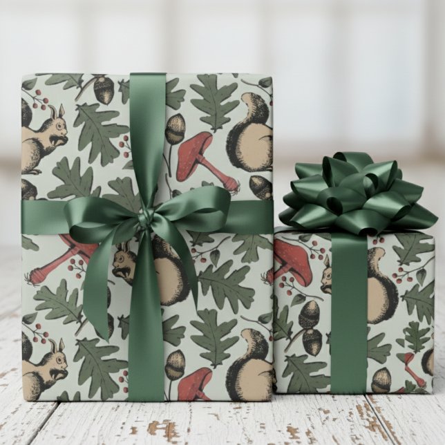 Papier Cadeau Écureuils de la Forêt Festive, Acorns & Champignon (Sage Green Forest Winter Squirrels & Leaves Woodland Wrapping Paper for Nature Wild Animals Lover. )