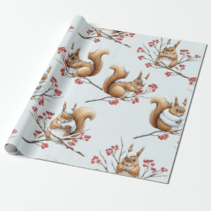 Papier Cadeau Écureuils d'hiver parmi les branches enneigées