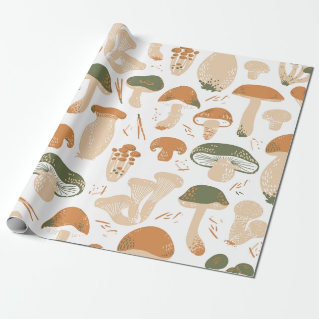 Papier Cadeau Edible Mushrooms seamless pattern. Linocut old sty (Déroulé)