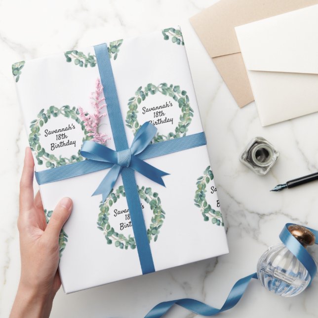 Papier Cadeau Eeucalyptus vert d'anniversaire écriture du nom de (Cadeaux)