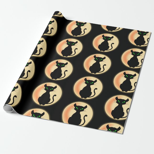 Papier Cadeau Éffrayant chat noir avec yeux verts motif (Déroulé)