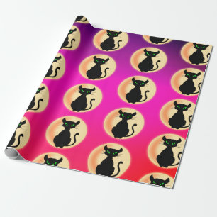 Papier Cadeau Éffrayant chat noir avec yeux verts motif