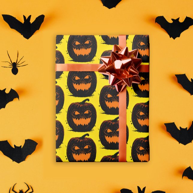 Papier Cadeau Éffrayant Citrouille noir Jaune Motif d'Halloween (Créateur téléchargé)