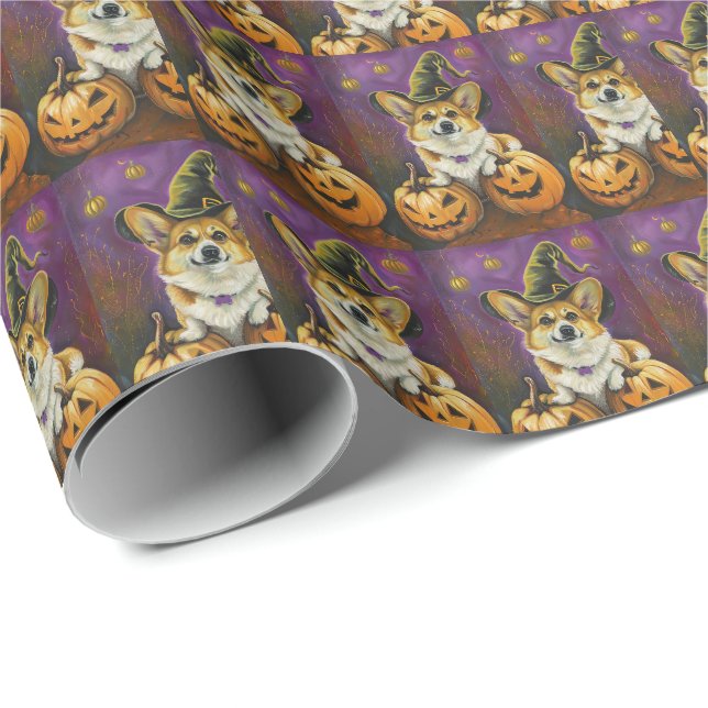 Papier Cadeau Éffrayant Corgi Chien Halloween Citrouille sorcier (Coin rond)