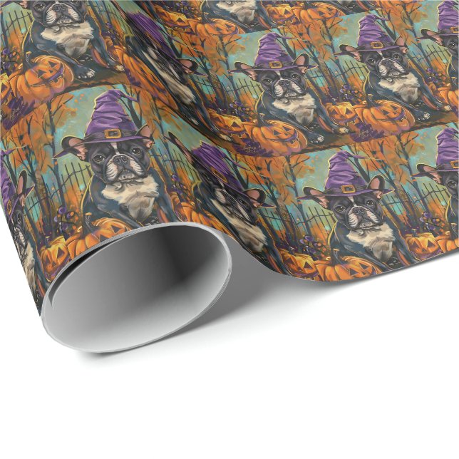Papier Cadeau Éffrayant Français Bulldog Halloween sorcière et C (Coin rond)