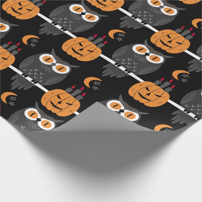Papier Cadeau Éffrayant Halloween Citrouilles & Chouettes Jack-O (Coin)