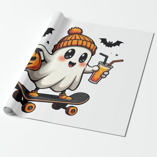 Papier Cadeau Éffrayant Halloween Patinage Citrouille Fantôme ép (Déroulé)