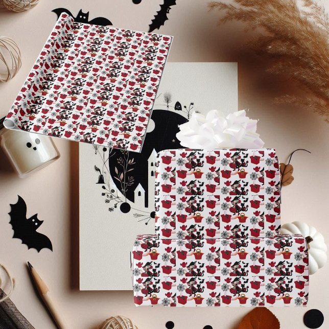 Papier Cadeau Éffrayant Halloween Witch Party Chat Ghost Spider  (Spooky Halloween Witch Party Cat Ghost Spider Web Wrapping Paper)