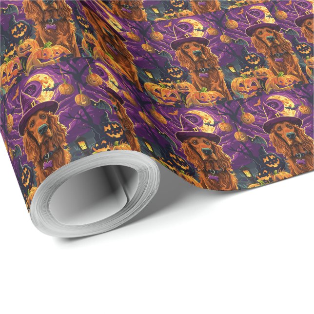 Papier Cadeau Éffrayant Irish Red Setter Citrouille de sorcière  (Coin rond)