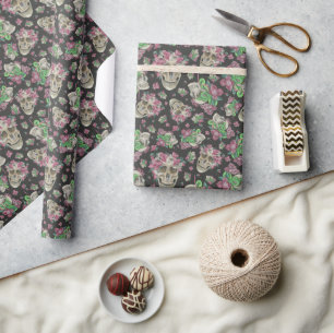 Papier Cadeau Éffrayant Pink Orchid Floral Crâne et Motif de ser