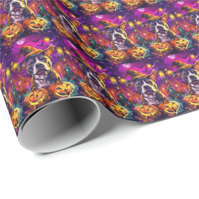 Papier Cadeau Éffrayant Pitbull Chien Halloween sorcière et Citr (Coin rond)