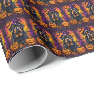 Papier Cadeau Éffrayant Rottweiler Chien Halloween sorcière et C