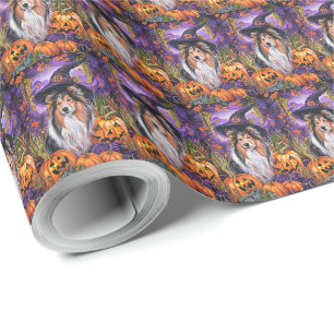 Papier Cadeau Éffrayant Shetland Sheepdog Citrouille de sorcière