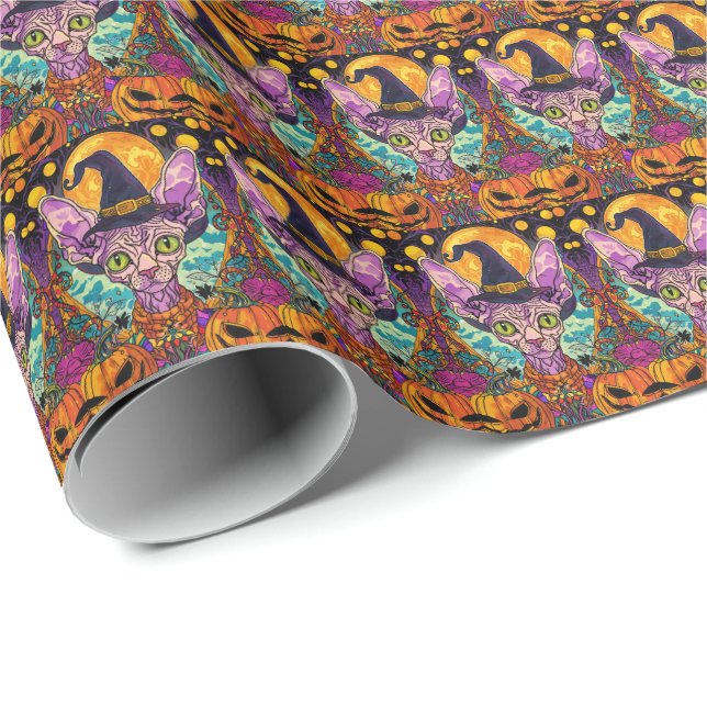 Papier Cadeau Éffrayant Sphynx Chat Halloween sorcière et Citrou (Coin rond)