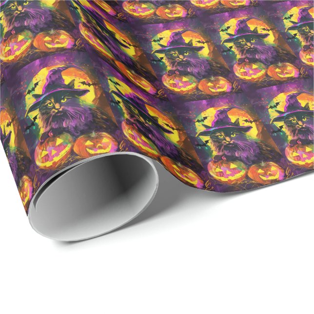 Papier Cadeau Éffrayant Turc Angora Chat Halloween Citrouille so (Coin rond)