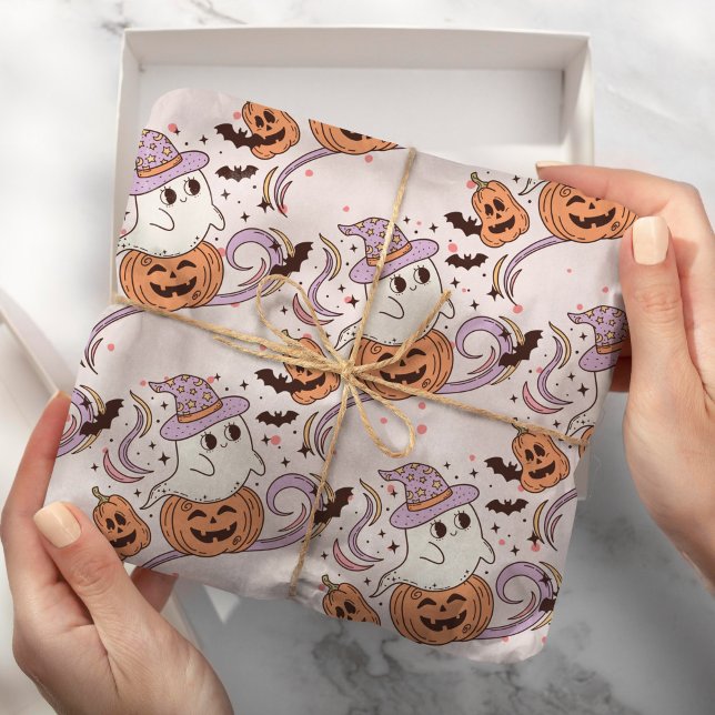 Papier Cadeau Éffrayant Un Fantôme Rétro & Halloween rose Citrou (Créateur téléchargé)