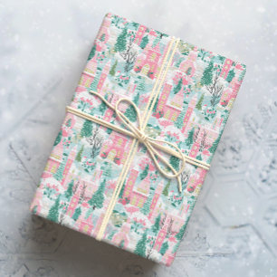 Papier Cadeau Eglises de Noël rose neige