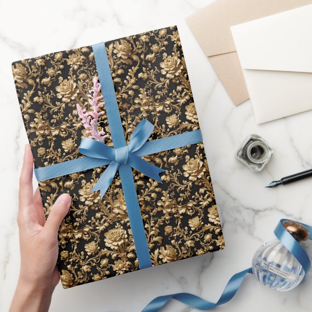 Papier Cadeau Élégance baroque : Fleurs noires et or (Cadeaux)