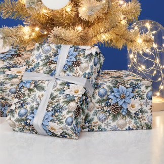 Papier Cadeau Élégance hivernale poinsettia bleu Noël