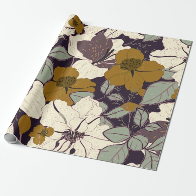 Papier Cadeau Elegance pattern with flowers and leaf. Floral vin (Déroulé)
