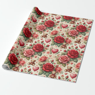Papier Cadeau Élégance Romantique : Roses et Cœurs
