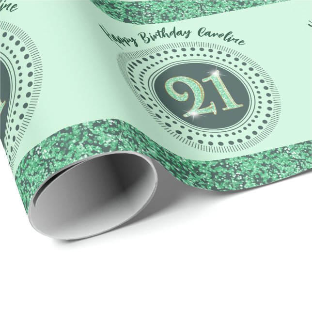 Papier Cadeau Elegant 21st Birthday Green Glitter with Stripes (Coin rond)