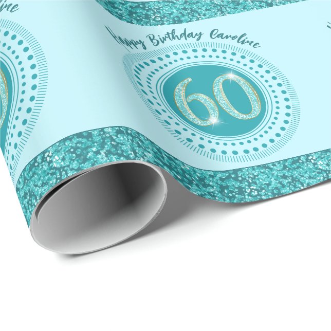 Papier Cadeau Élégant 60e anniversaire Turquoise Parties scintil (Coin rond)