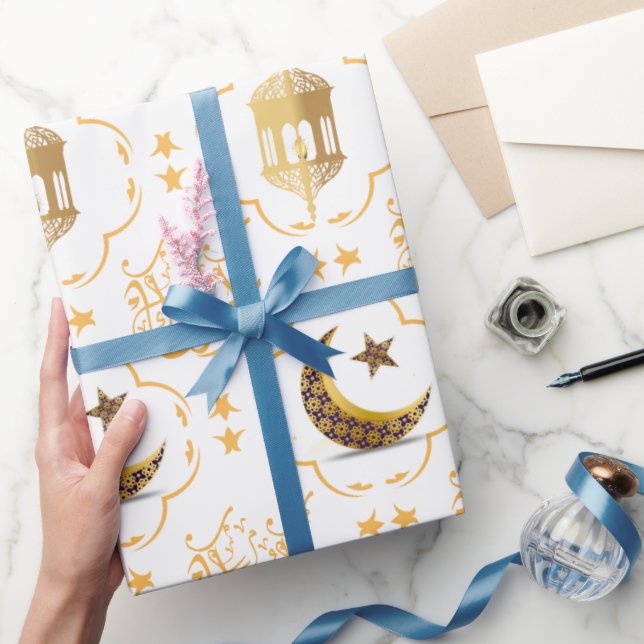 Papier Cadeau Elegant Aïd Moubarak Arabe Calligraphie or blanc (Cadeaux)