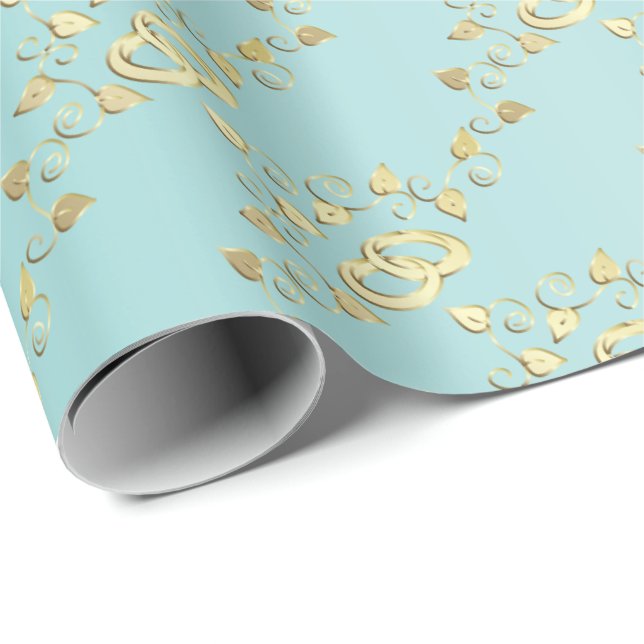 Papier Cadeau Élégant anneau Mariage or sur bleu clair (Coin rond)