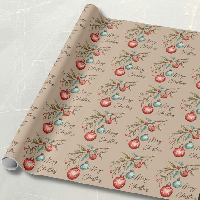 Papier Cadeau Elégant Aquarelle Ornements Joyeux Noël (Christmas wrapping paper with watercolor ornaments and a beige background.)