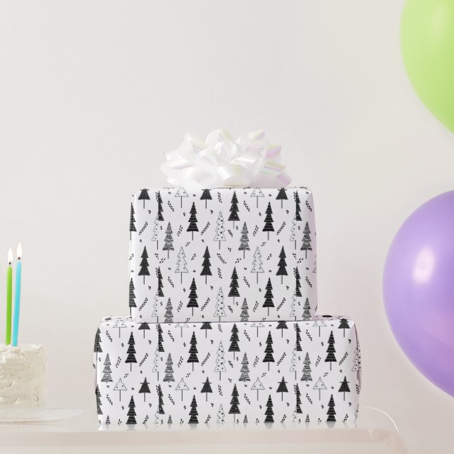 Papier Cadeau Élégant arbre de Noël noir et blanc moderne (Cadeaux de fête)
