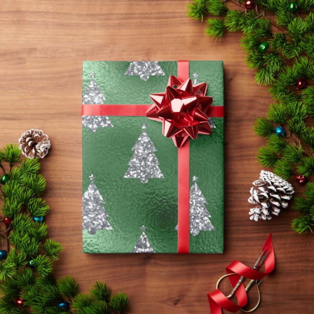 Papier Cadeau Élégant Arbres de Noël en argent vert (Cadeau de vacances)