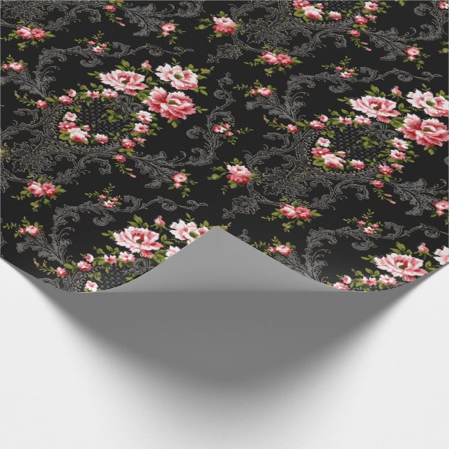 Papier Cadeau Élégant Arrière - plan Floral-Noir de Rococo (Coin)