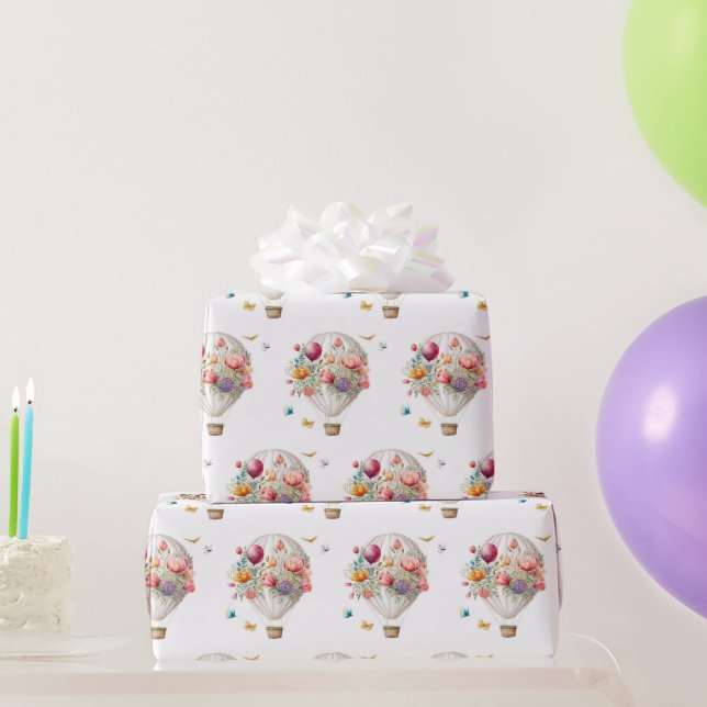 Papier Cadeau Élégant ballon à air chaud et fleurs aquarelles (Cadeaux de fête)