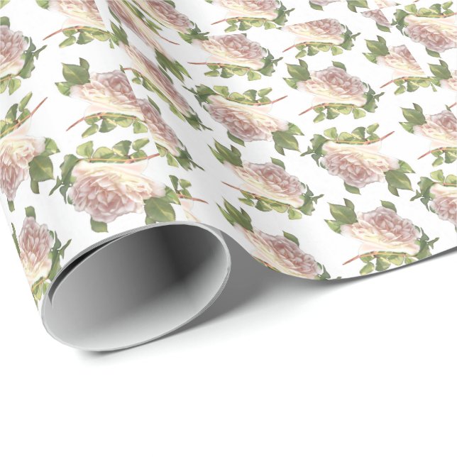 Papier Cadeau Elégant beau rougissant blanc ivoire rose roses (Coin rond)