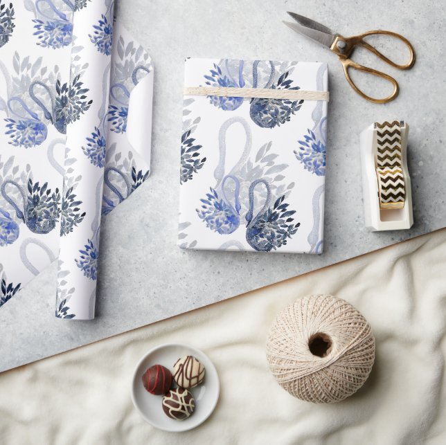 Papier Cadeau Elégant Beau Swan En Aquarelle bleu Indigo (Artisanat)