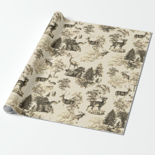 Papier Cadeau Élégant beige sépia vintage cerf en bois
