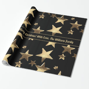 Papier Cadeau Élégant Black and Gold Stars Motif Noël