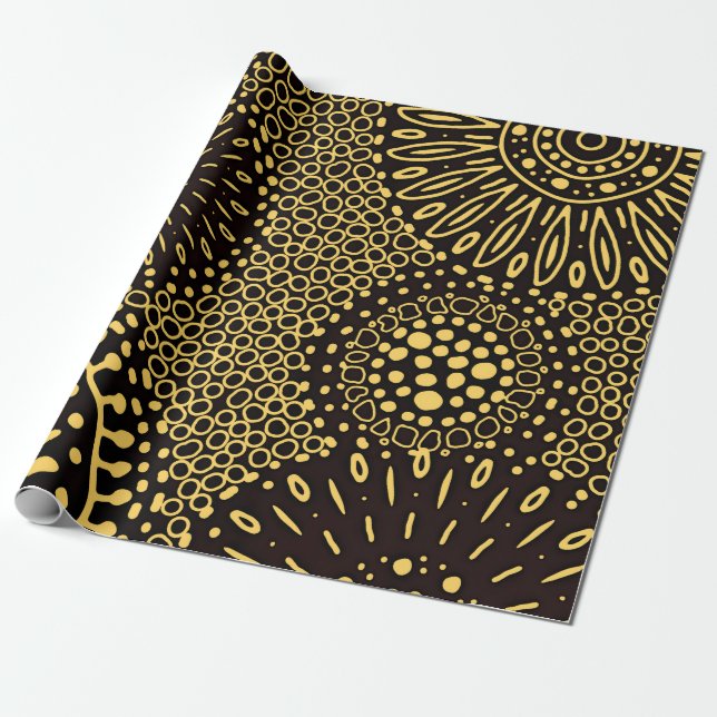 Papier Cadeau Elegant Black Gold Ethnic Floral Wrapping Paper (Déroulé)