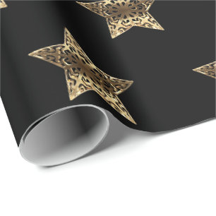 Papier Cadeau Elégant Black Gold Look Christmas Stars Motif