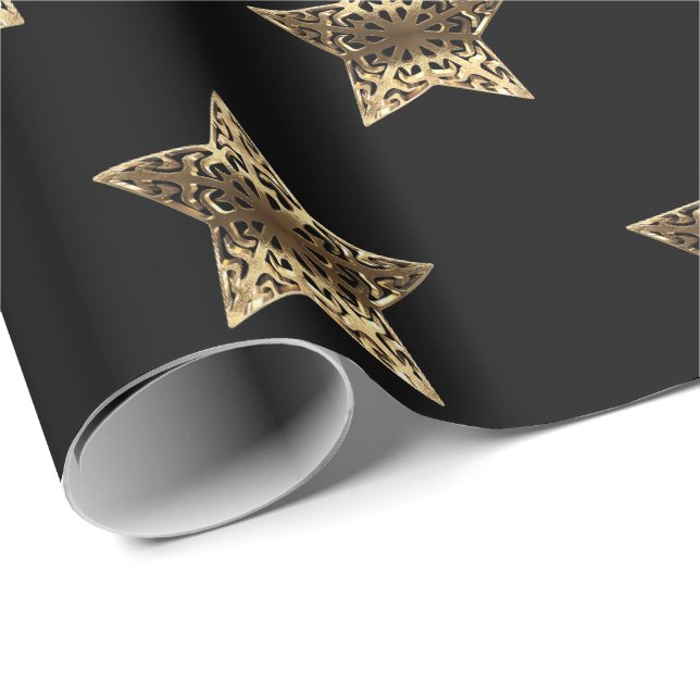 Papier Cadeau Elégant Black Gold Look Christmas Stars Motif (Coin rond)