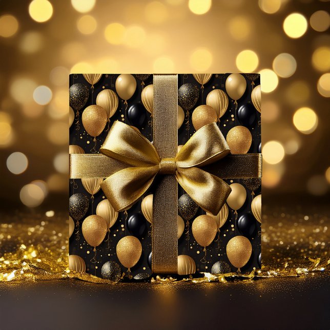 Papier Cadeau Elégant Black Gold Parties scintillant Ballons Mot (Elegant and Festive Black and Faux Gold Glitter Balloons Pattern Wrapping A021 Paper)